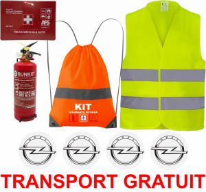 Set Kit siguranta auto OMOLOGAT RAR cu saculet compact ce contine - Stingator cu manometru P1 1kg, Trusa Medicala , Vesta Reflectorizanta, Stickere Cadou OPEL. Compatibilitate cu orice autoturism accesorii pentru autoturismul tau - masina v67266