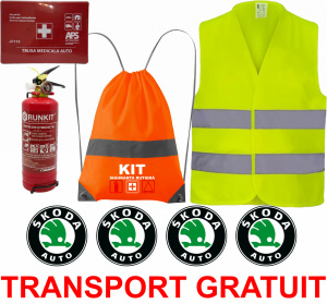 Set Kit siguranta auto OMOLOGAT RAR cu saculet compact ce contine - Stingator cu manometru P1 1kg, Trusa Medicala , Vesta Reflectorizanta, Stickere Cadou SKODA. Compatibilitate cu orice autoturism accesorii pentru autoturismul tau - masina v67246