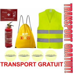 Set Kit siguranta auto OMOLOGAT RAR cu saculet compact ce contine - Stingator cu manometru P1 1kg, Trusa Medicala , Vesta Reflectorizanta, Stickere Cadou CHRYSLER . Compatibil cu orice autoturism.