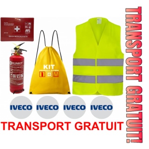 Set Kit siguranta auto OMOLOGAT RAR cu saculet compact ce contine - Stingator cu manometru P1 1kg, Trusa Medicala , Vesta Reflectorizanta, Stickere Cadou IVECO. Compatibil cu orice autoturism.