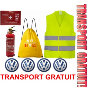 Set Kit siguranta auto OMOLOGAT RAR cu saculet compact ce contine - Stingator cu manometru P1 1kg, Trusa Medicala , Vesta Reflectorizanta, Stickere Cadou VOLKSWAGEN . Compatibil cu orice autoturism.