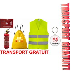 Set Kit siguranta auto OMOLOGAT RAR cu saculet compact ce contine - Stingator cu manometru P1 1kg, Trusa Medicala , Vesta Reflectorizanta, Breloc Cadou DODGE . Compatibil cu orice autoturism.