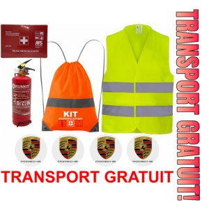 Set Kit siguranta auto OMOLOGAT RAR cu saculet compact ce contine - Stingator cu manometru P1 1kg, Trusa Medicala , Vesta Reflectorizanta, Stickere Cadou PORSCHE. Compatibilitate cu orice autoturism