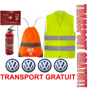 Set Kit siguranta auto OMOLOGAT RAR cu saculet compact ce contine - Stingator cu manometru P1 1kg, Trusa Medicala , Vesta Reflectorizanta, Stickere Cadou VOLKSWAGEN. Compatibilitate cu orice autoturism