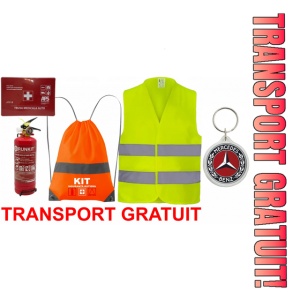 Set Kit siguranta auto OMOLOGAT RAR cu saculet compact ce contine - Stingator cu manometru P1 1kg, Trusa Medicala , Vesta Reflectorizanta, Breloc Cadou MERCEDES. Compatibilitate cu orice autoturism