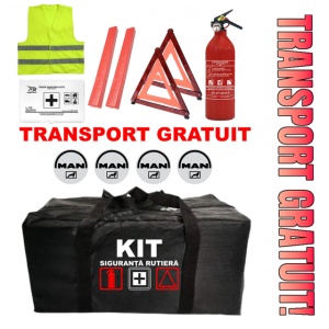 Set Kit - Trusa siguranta auto omologat R.A.R, Stingator cu manometru 1kg P1 , Trusa Medicala, 2 Triunghiuri Reflectorizante , 4 stickere autoadezive MAN