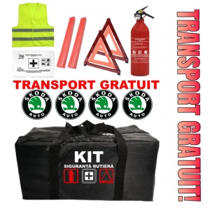 Set Kit - Trusa siguranta auto omologat R.A.R, Stingator cu manometru 1kg P1 , Trusa Medicala, 2 Triunghiuri Reflectorizante , 4 stickere autoadezive Skoda