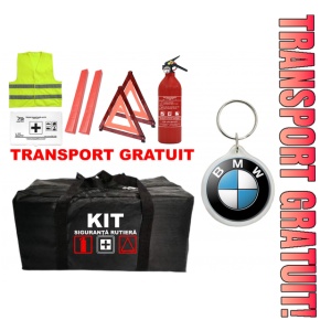Set Kit - Trusa siguranta auto omologat R.A.R, Stingator cu manometru 1kg P1 , Trusa Medicala, 2 Triunghiuri Reflectorizante , 1 Breloc BMW