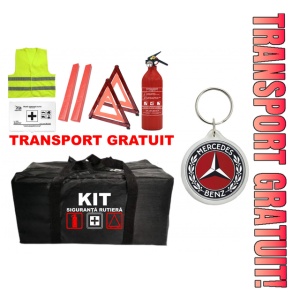 Set Kit - Trusa siguranta auto omologat R.A.R, Stingator cu manometru 1kg P1 , Trusa Medicala, 2 Triunghiuri Reflectorizante , 1 Breloc MERCEDES