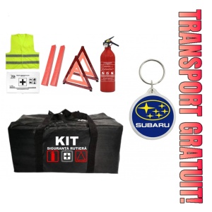 Set Kit - Trusa siguranta auto omologat R.A.R, Stingator cu manometru 1kg P1 , Trusa Medicala, 2 Triunghiuri Reflectorizante , 1 Breloc SUBARU