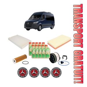 Set Pachet filtre revizie Bosch, 10 litrii ulei Castrol 5W30 MERCEDES-BENZ SPRINTER 3,5-t Van (B907, B910) 315 CDI RWD (907.631, 907.633, 907.635, 907.637) din 2020, 4x Stickere auto cu MERCEDES-BENZ