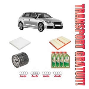 Set Pachet filtre revizie Bosch, 4 litrii ulei Castrol 0W20 AUDI A3 Sportback (8VA, 8VF) 1.0 TFSI din 2016-2020, 4x Stickere auto cu AUDI
