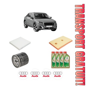 Set Pachet filtre revizie Bosch, 4 litrii ulei Castrol 0W20 AUDI Q2 (GAB, GAG) 1.4 TFSI din 2016, 4x Stickere auto cu AUDI