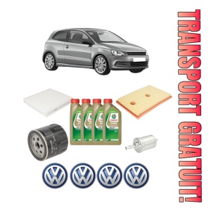 Set Pachet filtre revizie Bosch, 4 litrii ulei Castrol 0W20 Volkswagen POLO V (6R1, 6C1) 1.2 TSI din 2014-2017, 4x Stickere auto cu Volkswagen