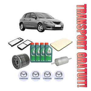 Set Pachet filtre revizie Bosch, 4 litrii ulei Castrol 10W40 MAZDA 3 (BK) 1.6 (BK14) din 2003-2009, 4x Stickere auto cu MAZDA