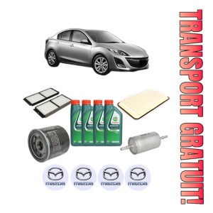 Set Pachet filtre revizie Bosch, 4 litrii ulei Castrol 10W40 MAZDA 3 Saloon (BL) 1.6 MZR (BL12) din 2008-2014, 4x Stickere auto cu MAZDA