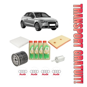 Set Pachet filtre revizie Bosch, 4 litrii ulei Castrol 5W30 AUDI A1 (8X1, 8XK) 1.4 TSI din 2014-2018, 4x Stickere auto cu AUDI