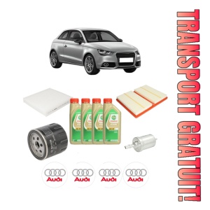 Set Pachet filtre revizie Bosch, 4 litrii ulei Castrol 5W30 AUDI A1 (8X1, 8XK) 1.0 TFSI din 2015-2018, 4x Stickere auto cu AUDI