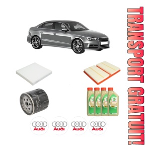 Set Pachet filtre revizie Bosch, 4 litrii ulei Castrol 5W30 AUDI A3 Limousine (8VS, 8VM) 1.0 TFSI din 2016-2020, 4x Stickere auto cu AUDI