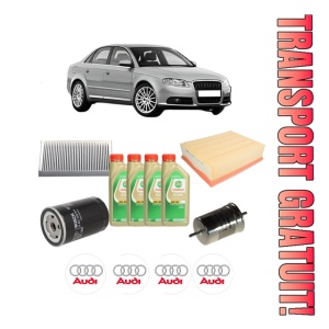 Set Pachet filtre revizie Bosch, 4 litrii ulei Castrol 5W30 AUDI A4 B7 (8EC) 1.6 din 2004-2008, 4x Stickere auto cu AUDI