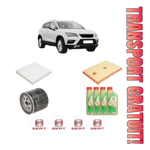 Set Pachet filtre revizie Bosch, 4 litrii ulei Castrol 5W30 SEAT ATECA (KH7, KHP) 1.4 TSI 4Drive din 2016, 4x Stickere auto cu SEAT