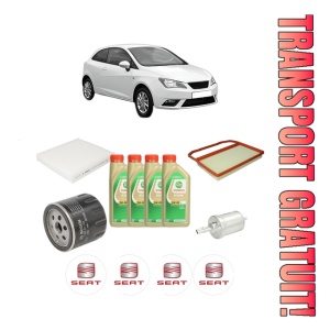 Set Pachet filtre revizie Bosch, 4 litrii ulei Castrol 5W30 SEAT IBIZA IV SC (6J1, 6P5) 1.0 TSI din 2015-2016, 4x Stickere auto cu SEAT