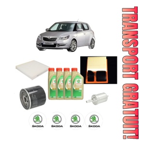Set Pachet filtre revizie Bosch, 4 litrii ulei Castrol 5W30 SKODA FABIA II (542) 1.4 LPG din 2007-2014, 4x Stickere auto cu SKODA