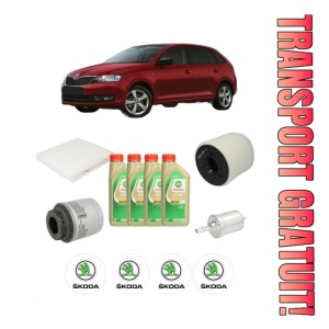 Set Pachet filtre revizie Bosch, 4 litrii ulei Castrol 5W30 SKODA RAPID Spaceback (NH1) 1.4 TSI din 2012-2015, 4x Stickere auto cu SKODA
