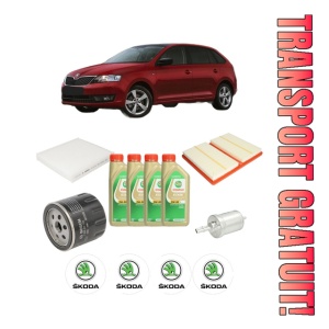 Set Pachet filtre revizie Bosch, 4 litrii ulei Castrol 5W30 SKODA RAPID Spaceback (NH1) 1.0 TSI din 2017-2019, 4x Stickere auto cu SKODA