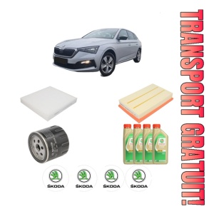 Set Pachet filtre revizie Bosch, 4 litrii ulei Castrol 5W30 SKODA SCALA (NW1) 1.0 TSI din 2019, 4x Stickere auto cu SKODA
