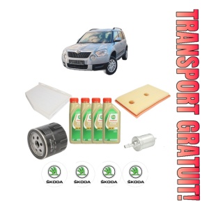 Set Pachet filtre revizie Bosch, 4 litrii ulei Castrol 5W30 SKODA YETI (5L) 1.4 TSI 4x4 din 2015-2017, 4x Stickere auto cu SKODA