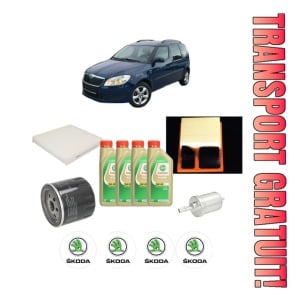 Set Pachet filtre revizie Bosch, 4 litrii ulei Castrol 5W30 SKODA ROOMSTER (5J7) 1.4 din 2006-2015, 4x Stickere auto cu SKODA