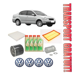 Set Pachet filtre revizie Bosch, 4 litrii ulei Castrol 5W30 Volkswagen POLO IV Saloon (9A4, 9A2, 9N2, 9A6) 1.4 din 2002-2012, 4x Stickere auto cu Volkswagen