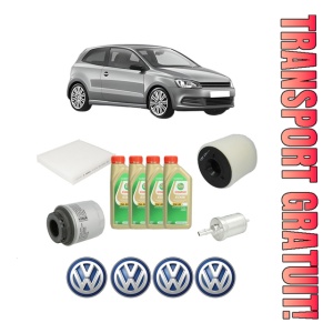 Set Pachet filtre revizie Bosch, 4 litrii ulei Castrol 5W30 Volkswagen POLO V (6R1, 6C1) 1.2 TSI din 2011-2014, 4x Stickere auto cu Volkswagen