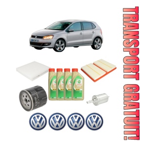 Set Pachet filtre revizie Bosch, 4 litrii ulei Castrol 5W30 Volkswagen POLO Van V (6R1, 6C1) 1.0 TSI din 2014-2017, 4x Stickere auto cu Volkswagen