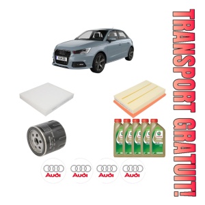 Set Pachet filtre revizie Bosch, 5 litrii ulei Castrol 0W20 AUDI A1 Sportback (GBA) 35 TFSI din 2018, 4x Stickere auto cu AUDI