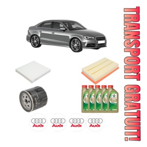Set Pachet filtre revizie Bosch, 5 litrii ulei Castrol 0W20 AUDI A3 Limousine (8VS, 8VM) 35 TFSI din 2018-2020, 4x Stickere auto cu AUDI