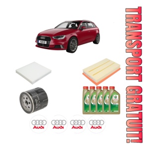 Set Pachet filtre revizie Bosch, 5 litrii ulei Castrol 0W20 AUDI A3 Sportback (8YA, 8YF) 35 TFSI din 2019, 4x Stickere auto cu AUDI