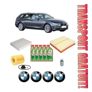 Set Pachet filtre revizie Bosch, 5 litrii ulei Castrol 0W20 BMW Seria 3 Touring (F31) 320 i din 2012-2015, 4x Stickere auto cu BMW