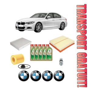 Set Pachet filtre revizie Bosch, 5 litrii ulei Castrol 0W20 BMW Seria 3 (F30, F80) 320 i din 2012-2018, 4x Stickere auto cu BMW