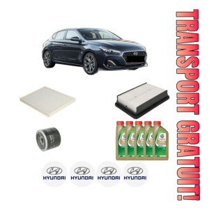 Set Pachet filtre revizie Bosch, 5 litrii ulei Castrol 0W20 HYUNDAI i30 FASTBACK (PDE, PDEN) 1.5 T-GDI Hybrid 48V din 2020, 4x Stickere auto cu HYUNDAI