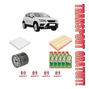 Set Pachet filtre revizie Bosch, 5 litrii ulei Castrol 0W20 SEAT ATECA (KH7, KHP) 1.5 TSI 4Drive din 2018, 4x Stickere auto cu SEAT