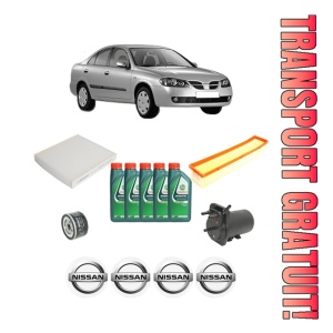 Set Pachet filtre revizie Bosch, 5 litrii ulei Castrol 10W40 NISSAN ALMERA II (N16) 1.5 dCi din 2003-2006, 4x Stickere auto cu NISSAN
