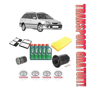 Set Pachet filtre revizie Bosch, 5 litrii ulei Castrol 10W40 TOYOTA AVENSIS Estate (_T22_) 2.0 VVT-i (AZT220_, AZT220R) din 2000-2003, 4x Stickere auto cu TOYOTA