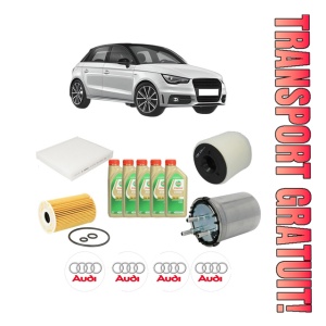 Set Pachet filtre revizie Bosch, 5 litrii ulei Castrol 5W30 AUDI A1 Sportback (8XA, 8XF) 1.6 TDI din 2011-2015, 4x Stickere auto cu AUDI