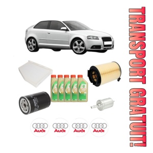 Set Pachet filtre revizie Bosch, 5 litrii ulei Castrol 5W30 AUDI A3 (8P1) 1.6 din 2003-2012, 4x Stickere auto cu AUDI