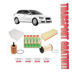 Set Pachet filtre revizie Bosch, 5 litrii ulei Castrol 5W30 AUDI A3 Sportback (8PA) 2.0 TDI din 2006-2008, 4x Stickere auto cu AUDI
