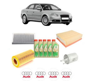 Set Pachet filtre revizie Bosch, 5 litrii ulei Castrol 5W30 AUDI A4 B7 (8EC) 2.0 TFSI quattro din 2004-2008, 4x Stickere auto cu AUDI - Img 2