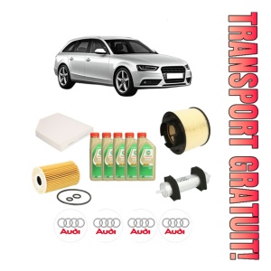 Set Pachet filtre revizie Bosch, 5 litrii ulei Castrol 5W30 AUDI A4 B8 Avant (8K5) 2.0 TDI quattro din 2013-2015, 4x Stickere auto cu AUDI