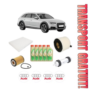 Set Pachet filtre revizie Bosch, 5 litrii ulei Castrol 5W30 AUDI A4 Allroad B9 (8WH, 8WJ) 2.0 TDI quattro din 2016, 4x Stickere auto cu AUDI